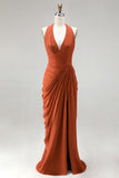 Rouge orange brûlé, col nu plissé, fourreau froncé Longue robe formelle