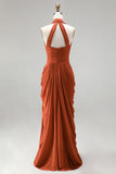 Rouge orange brûlé, col nu plissé, fourreau froncé Longue robe formelle