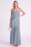 Robe longue de demoiselle d’honneur en satin en satin rose avec longues bretelles d’honneur avec fleurs 3D