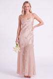 Robe longue de demoiselle d’honneur en satin en satin rose avec longues bretelles d’honneur avec fleurs 3D