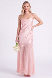 Robe longue de demoiselle d’honneur en satin en satin rose avec longues bretelles d’honneur avec fleurs 3D
