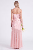 Robe longue de demoiselle d’honneur en satin en satin rose avec longues bretelles d’honneur avec fleurs 3D