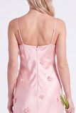 Robe longue de demoiselle d’honneur en satin en satin rose avec longues bretelles d’honneur avec fleurs 3D