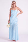 Robe longue de demoiselle d’honneur en satin en satin rose avec longues bretelles d’honneur avec fleurs 3D