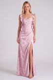 Robe de demoiselle d’honneur longue à bretelles florales Jacquard avec fente