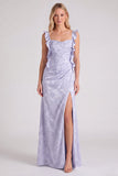 Robe de demoiselle d’honneur longue à bretelles florales Jacquard avec fente