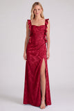 Robe de demoiselle d’honneur longue à bretelles florales Jacquard avec fente