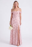 Robe longue de demoiselle d’honneur rose à épaules froides, fleur à la ligne en A plissée, en dentelle remontée dans le dos, avec une fente