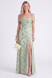 Robe longue de demoiselle d’honneur rose à épaules froides, fleur à la ligne en A plissée, en dentelle remontée dans le dos, avec une fente