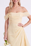 Jonquille à épaules dénudées, robe longue de demoiselle d’honneur en chiffon froncée