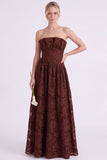 Robe longue de demoiselle d’honneur fleurie Espresso A-Line sans bustiers avec volants