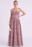 Robe longue de demoiselle d’honneur fleurie Espresso A-Line sans bustiers avec volants