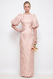 Robe longue de demoiselle d’honneur à manche bouffante à col rond rose rose blush bodycon, à manches bouffantes, longue robe d’honneur