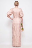 Robe longue de demoiselle d’honneur à manche bouffante à col rond rose rose blush bodycon, à manches bouffantes, longue robe d’honneur