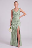 Corset fleuri à col en V vert sirène et longue robe de demoiselle d’honneur avec fente