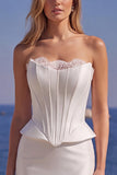 Corset blanc en satin, longue robe de mariée sirène sans bretelles