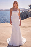 Robe de mariée longue blanche sirène sans bretelles, perlée avec nœud