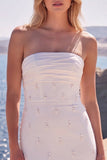 Robe de mariée longue blanche sirène sans bretelles, perlée avec nœud