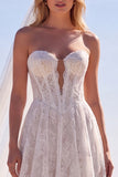 Corset blanc en dentelle ligne A sans bretelles, longue robe de mariée avec voiles