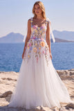 Corset blanc en tulle floral ligne A, longue robe de mariée avec appliqués