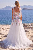 Corset blanc en tulle floral ligne A, longue robe de mariée avec appliqués