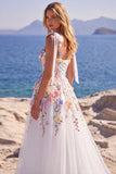 Corset blanc en tulle floral ligne A, longue robe de mariée avec appliqués