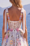Corset blanc en tulle floral ligne A, longue robe de mariée avec appliqués