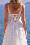 Corset fleuri appliqué en tulle blanc, robe longue de mariée ligne A