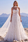 Corset blanc en tulle floral ligne A à encolure cœur, longue robe de mariée avec appliqués