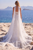 Corset blanc en tulle floral ligne A à encolure cœur, longue robe de mariée avec appliqués