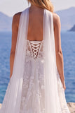 Corset blanc en tulle floral ligne A à encolure cœur, longue robe de mariée avec appliqués