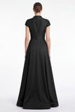 Robe noire en V à col en V à perles appliquées en A, robe de la mère de la mariée avec manches bonnets