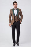 Costumes de bal pour hommes à revers marron à un bouton, 3 pièces