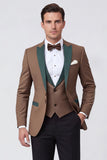 Costumes de bal pour hommes à revers marron à un bouton, 3 pièces