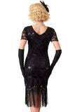 Verte dorée à col en V à manches courtes transparentes, paillettes, robe moulante des années 1920 avec frange