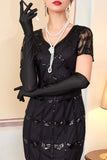 Verte dorée à col en V à manches courtes transparentes, paillettes, robe moulante des années 1920 avec frange