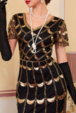 Verte dorée à col en V à manches courtes transparentes, paillettes, robe moulante des années 1920 avec frange