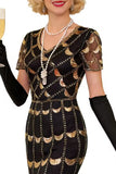 Verte dorée à col en V à manches courtes transparentes, paillettes, robe moulante des années 1920 avec frange