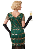 Verte dorée à col en V à manches courtes transparentes, paillettes, robe moulante des années 1920 avec frange