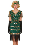 Verte dorée à col en V à manches courtes transparentes, paillettes, robe moulante des années 1920 avec frange