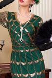 Verte dorée à col en V à manches courtes transparentes, paillettes, robe moulante des années 1920 avec frange