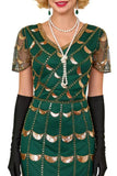 Verte dorée à col en V à manches courtes transparentes, paillettes, robe moulante des années 1920 avec frange