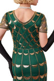 Verte dorée à col en V à manches courtes transparentes, paillettes, robe moulante des années 1920 avec frange