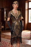 Robe courte courte moulante à col en V dorée rouge des années 1920 avec ourlet à frange