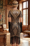 Robe courte courte moulante à col en V dorée rouge des années 1920 avec ourlet à frange