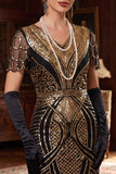 Robe courte courte moulante à col en V dorée rouge des années 1920 avec ourlet à frange