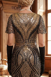 Robe courte courte moulante à col en V dorée rouge des années 1920 avec ourlet à frange