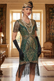 Robe courte courte moulante à col en V dorée rouge des années 1920 avec ourlet à frange