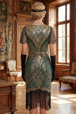 Robe courte courte moulante à col en V dorée rouge des années 1920 avec ourlet à frange