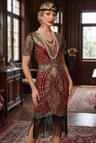 Robe courte courte moulante à col en V dorée rouge des années 1920 avec ourlet à frange